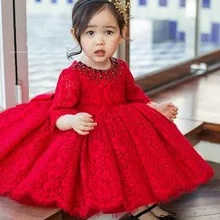 Красное Тюлевое платье для маленьких девочек; платье для крещения с длинными рукавами для девочек; платье для первого дня рождения, свадьбы, крещения; Одежда для младенцев