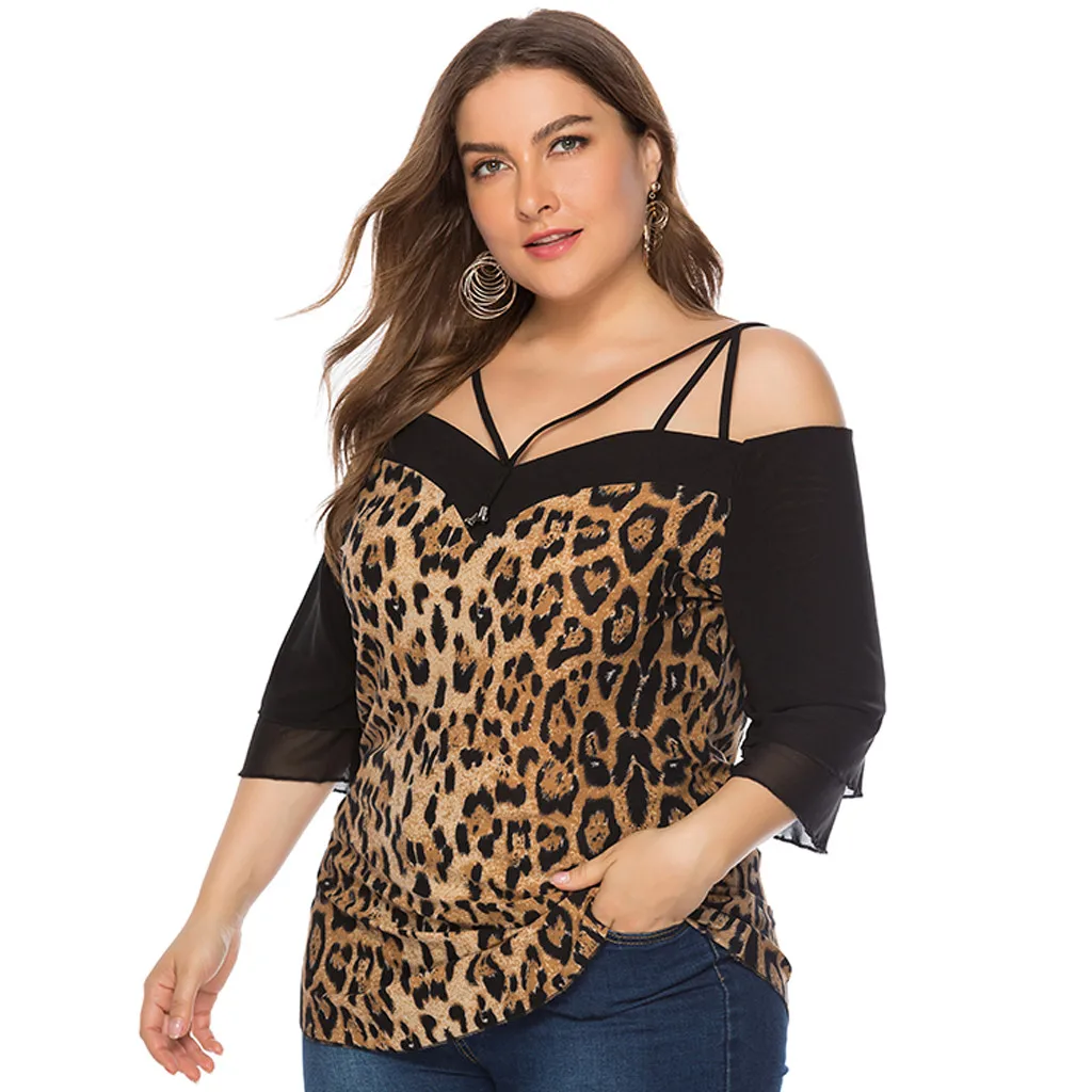 

Ladies Plus Size XL-5XL Leopard Prints Shirts Women's Casual V-neck Half-Sleeved Sling Strap Off-Shoulder Stitching Tops May 20