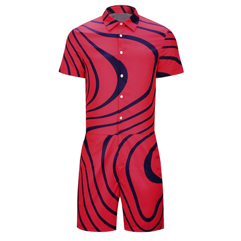 Hawaiian Red Black Ripple Print 3D Rompers Men Jumpsuit Playsuit Harem