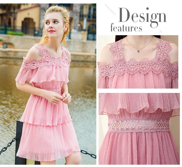 2018 Summer Dress Women Fashion Chiffon Ruffle Dresses Pink Lace Patchwork Vestidos Mujer Print Off Shoulder Dress Robe Femme (2)