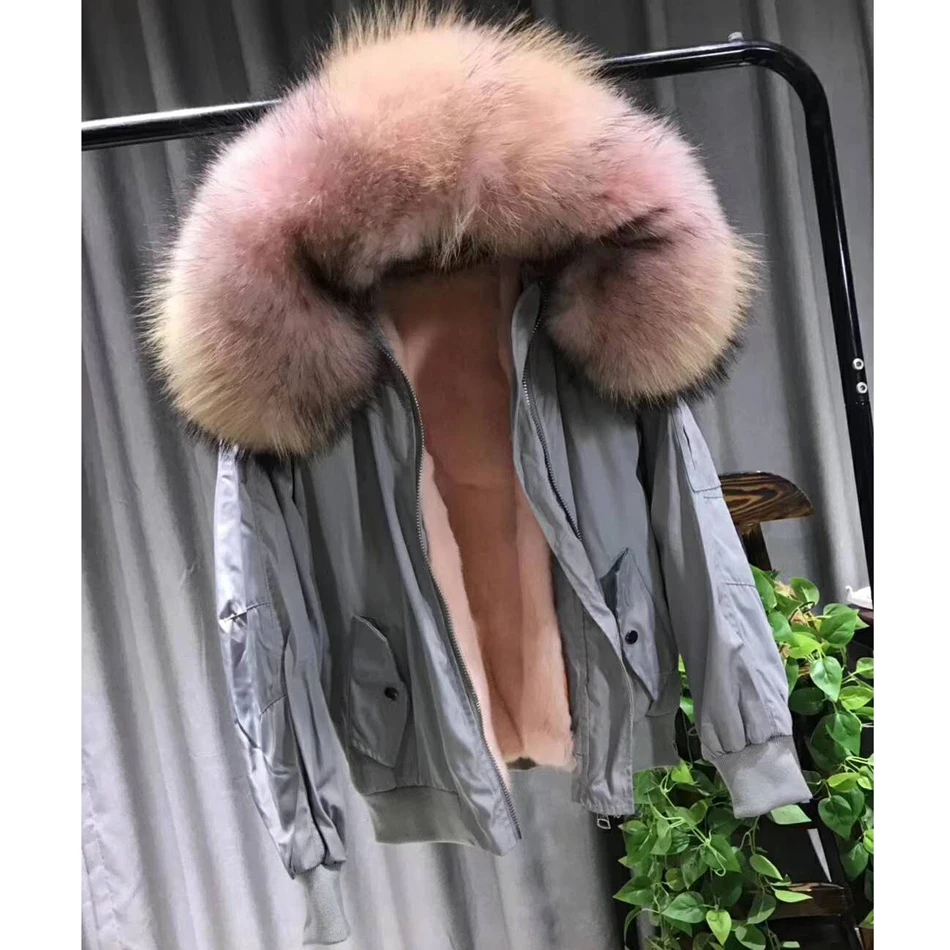 Parka Winter Jacket Women Parka Real Fur Coat Big Natural Warm Hick Raccoon Fur Collar Hooded Rabbit Fur Lining Parkas WT007
