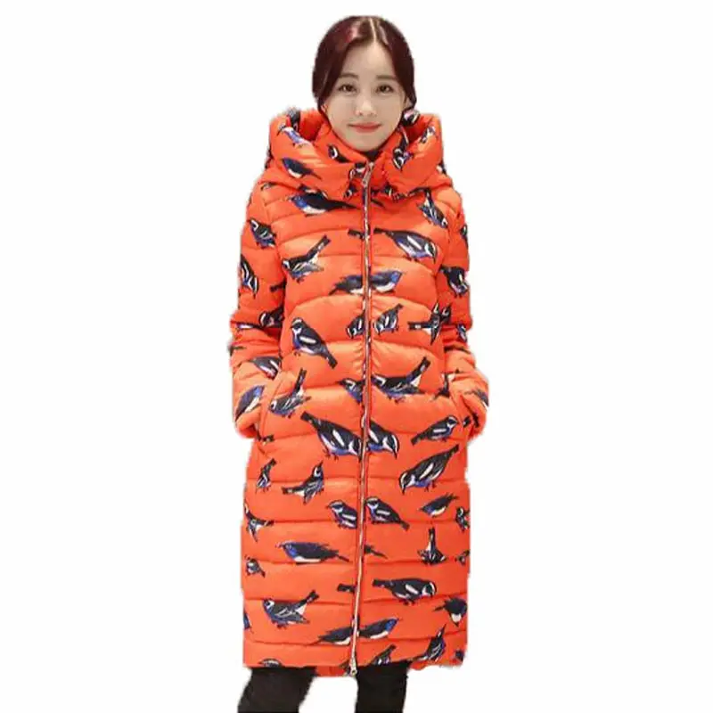 New Coat font b women b font cotton long section hooded printing Korean winter coat thicker