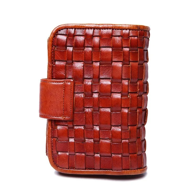 

New Brand Design High Quality Men Genuine Leather Short Wallet Guarantee Vegetable Tanned Leather Weaving Purse Coin Purse