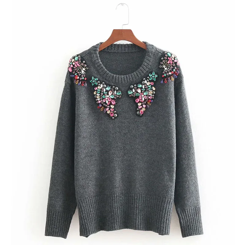ZA 2018 Autumn and Winter Women New Sequined Knitted Deep Gray Women Sweaters