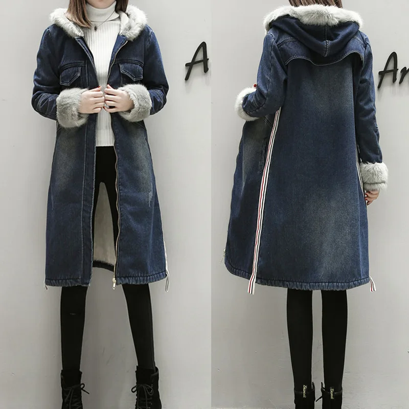 Plus Size XL- 5XL Winter Jacket Women Hooded Long Denim Jackets With Double Pockets Warm Velvet Coat Woman Jean Outwear Plus Size XL- 5XL Winter Jacket Women Hooded Long Denim Jackets With Double Pockets Warm Velvet Coat Woman Jean Outwear