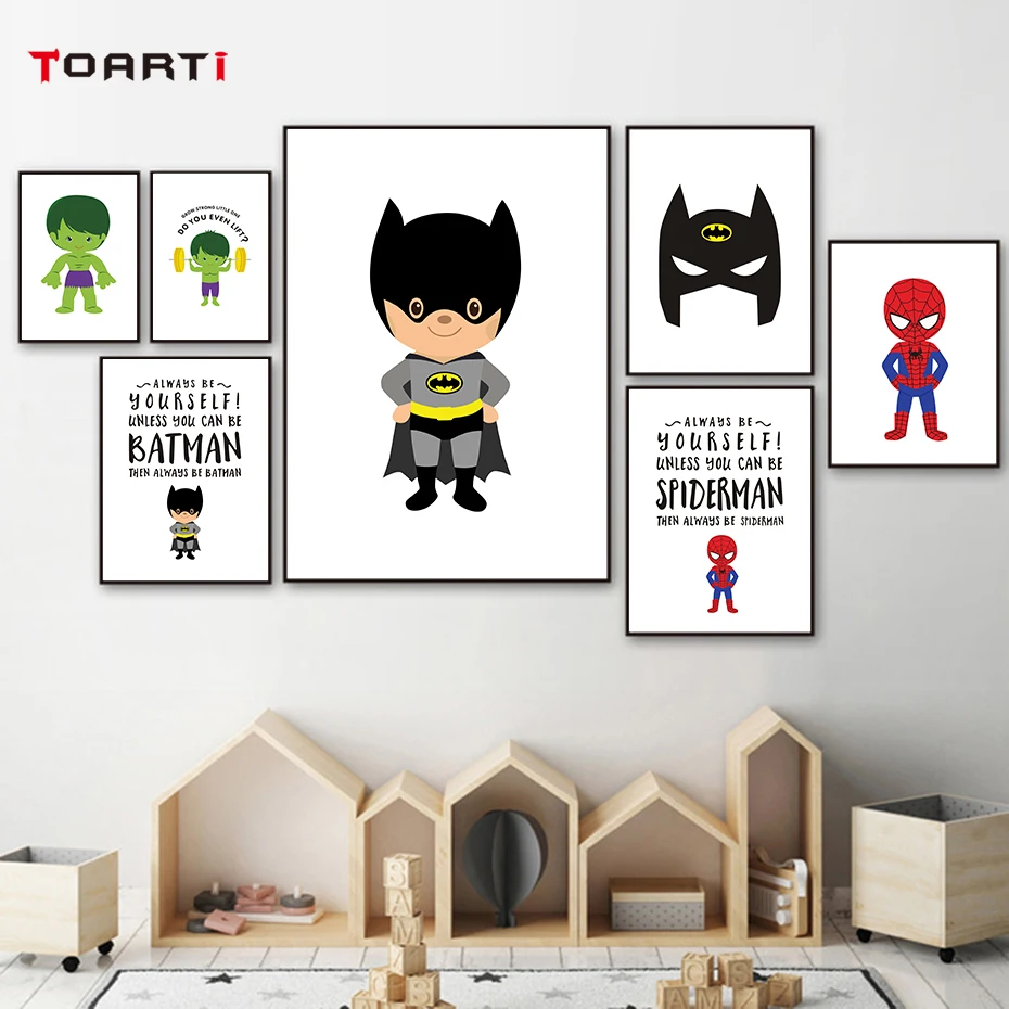 Adorable Cartoon Superhero Wall Art Pictures Inspiring Quote Canvas Painting Nursery Vintage Posters&ampPrints Kids Room Home Decor | Дом и