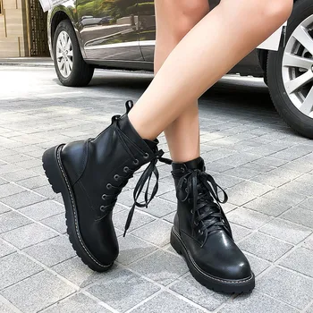 

YMECHIC Hot Style Black Woman Ankle Boots Genuine Cow Leather Short Booties Lace Up Low Heel Leather Boots Shoes Women New 2019