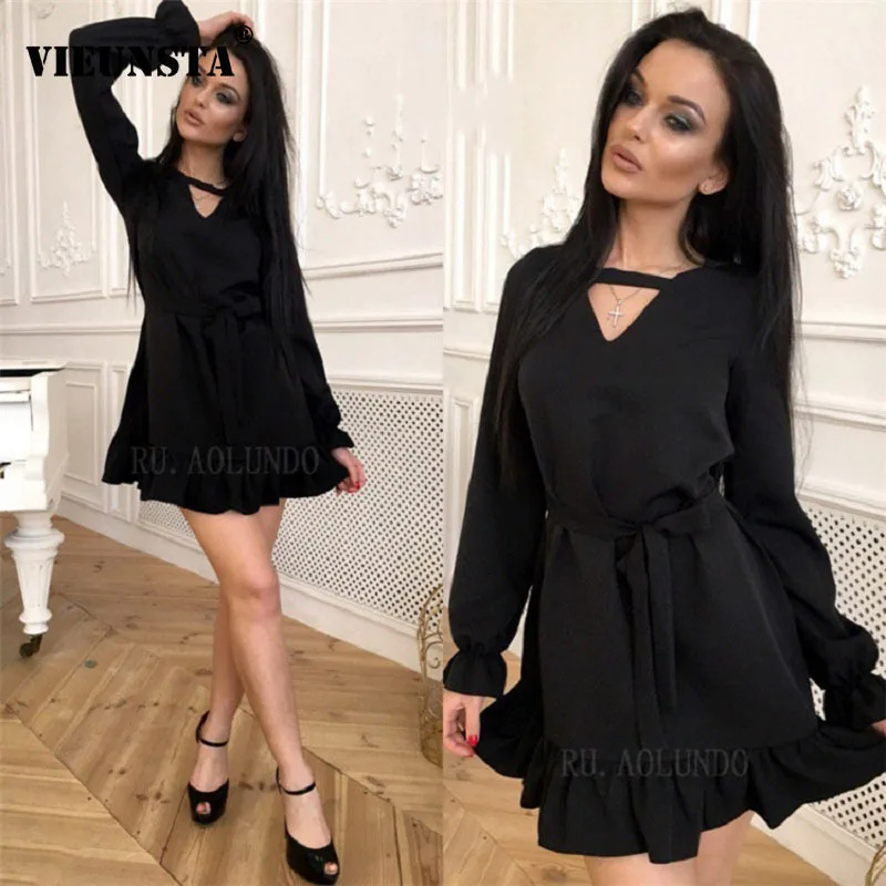 

VIEUNSTA 2019 Choker V-Neck Ruffle Mini Short Dress Women Spring Sashes Lace Up Dresses Casual Long Sleeve A-Line Party Dress