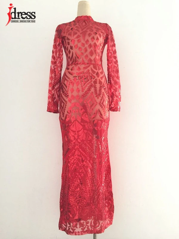 IDress 2018 Sexy Turtleneck Long Sleeve Sequined Party Dresses Floor Length Full Sleeved Bodycon Black Maxi Dress Evening Gown (3)
