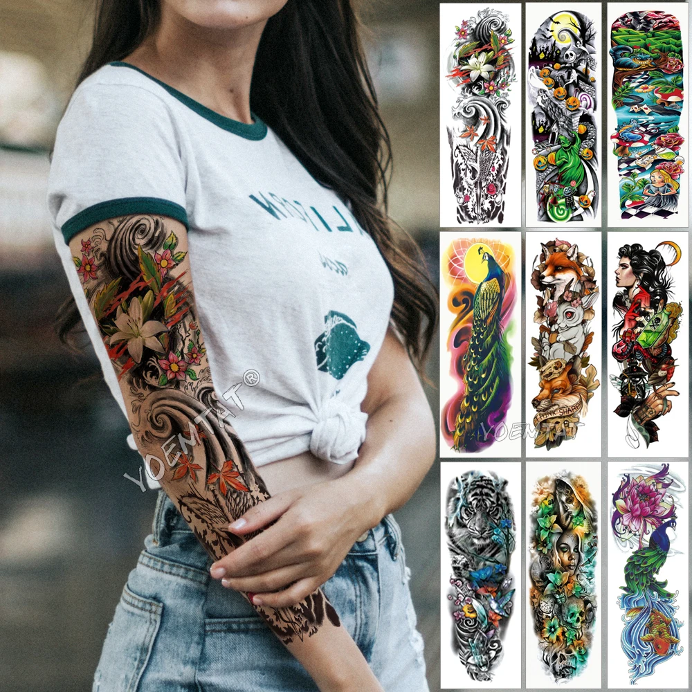 Adesivos de tatuagem de transferência de água tradicional tatuagem de cor raposa Tatuagem temporária onda japonesa manga grande, à prova d'água adesivo homens liso pavão tigre raposa completo arte corporal mulheres