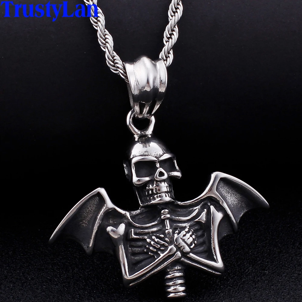 

Cool Stainless Steel Men Necklace Bat & Skull Pendant Necklace Best Friends Pendants With 60CM Chain Vintage Skeleton Jewelry