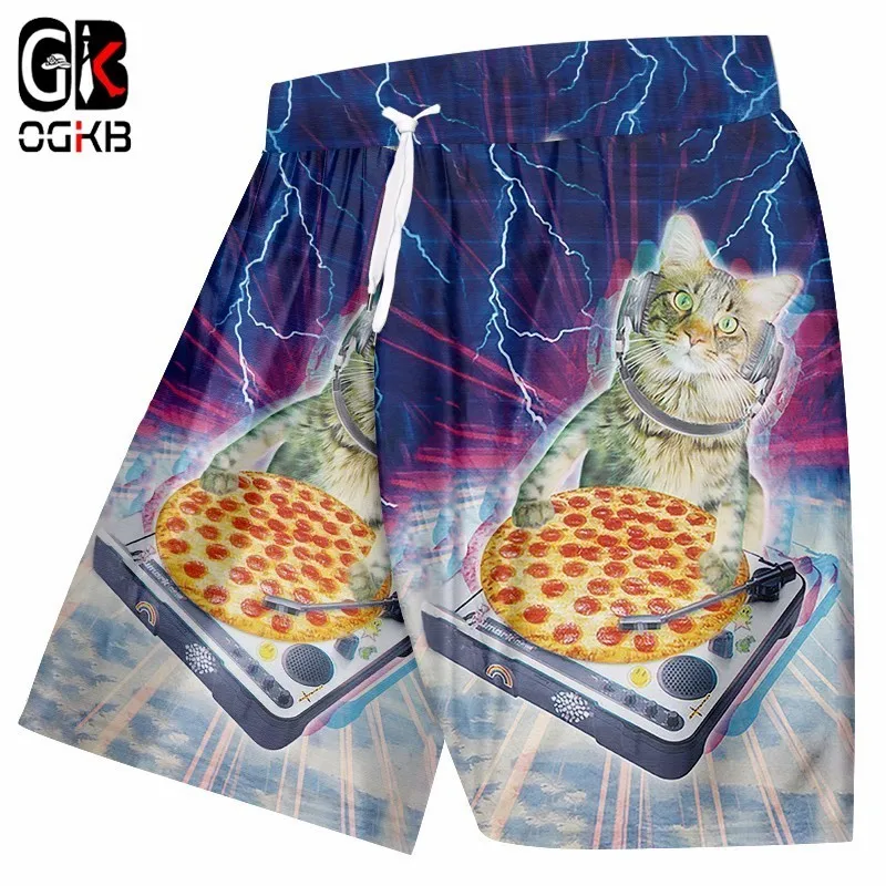 

OGKB Summer Beach Shorts Men Funny Print Pizza Cat Space 3d Sweat Trunks Man Bathing Suits Quick Dry Bermuda Shorts 5XL