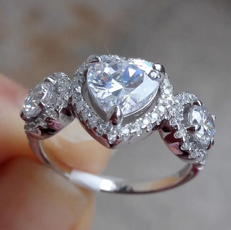 

Lady's 10KT White gold filled rings finger Heart-cut Statement Zircon Side Stone Wedding Ring for Women