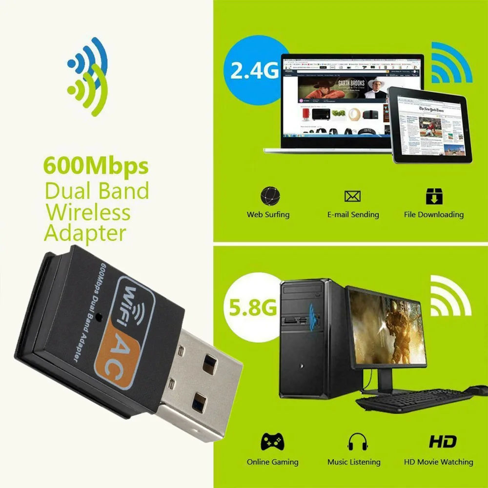 802.11ac AC600 USB WiFi беспроводной адаптер ключ для ПК ноутбук WPS 5 ГГц двухдиапазонный