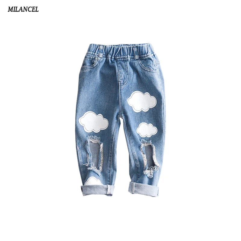 

MILANCEL 2018 Boys Jeans Children Broken Hole Pants Cloud Print Kids Jeans Casual Boys Denim Pants Girls Clothes