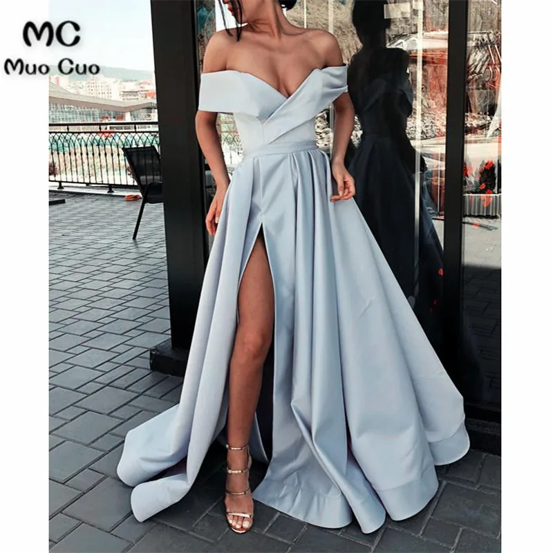 Off The Shoulder V-neck Satin Long Prom Dresses Leg Split43