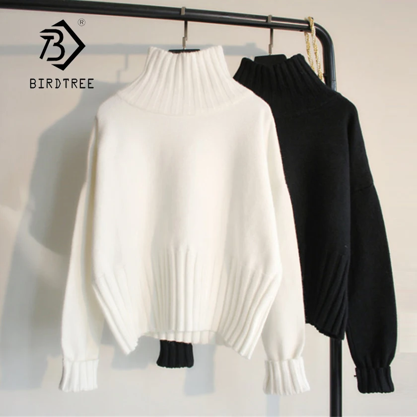 

New Arrival Women Winter Solid White Turtleneck Sweater Batwing Sleeve Short Pullovers Simple Jumper T97801F