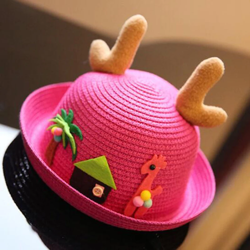 Kids Summer Straw Hat Cute Cartoon Pattern Antler Sunshade Solid Color Beach Hats Sun Protection Short Brim Children Travel Cap
