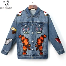 Джинсовая куртка с цветочной вышивкой, пальто с длинным рукавом, Chaqueta, Новая модная женская джинсовая куртка с вышивкой головы тигра HF103