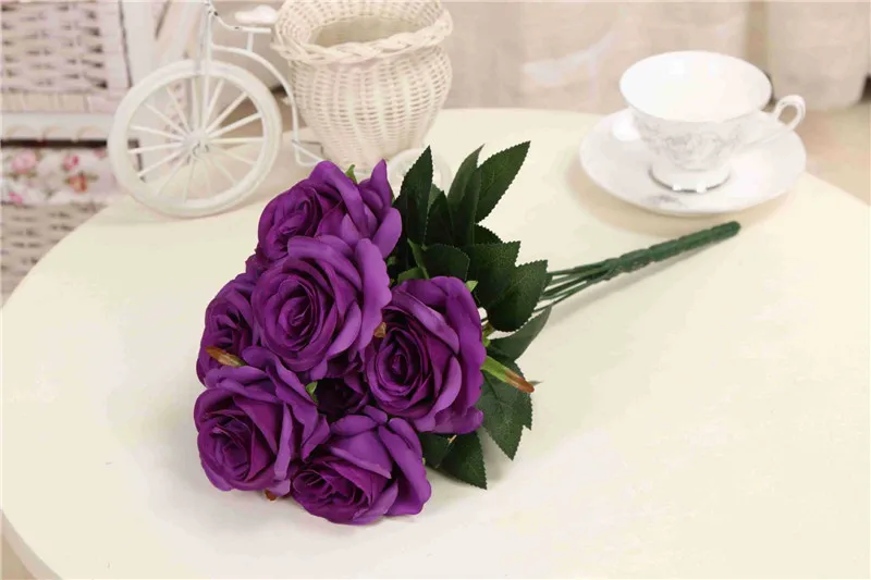 Flone 9 Heads Artificial French Style Rose Flowers Fake Silk Flower Simulation Bouquet Wedding Party Home Decoration Floral Art (5)