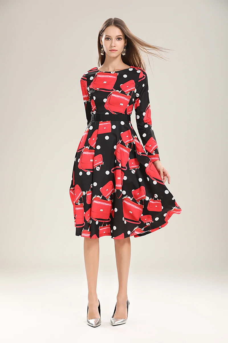 Высокое качество весеннее модное дизайнерское подиумное летнее платье женское винтажное длинное платье с длинным рукавом в горошек с красной сумкой