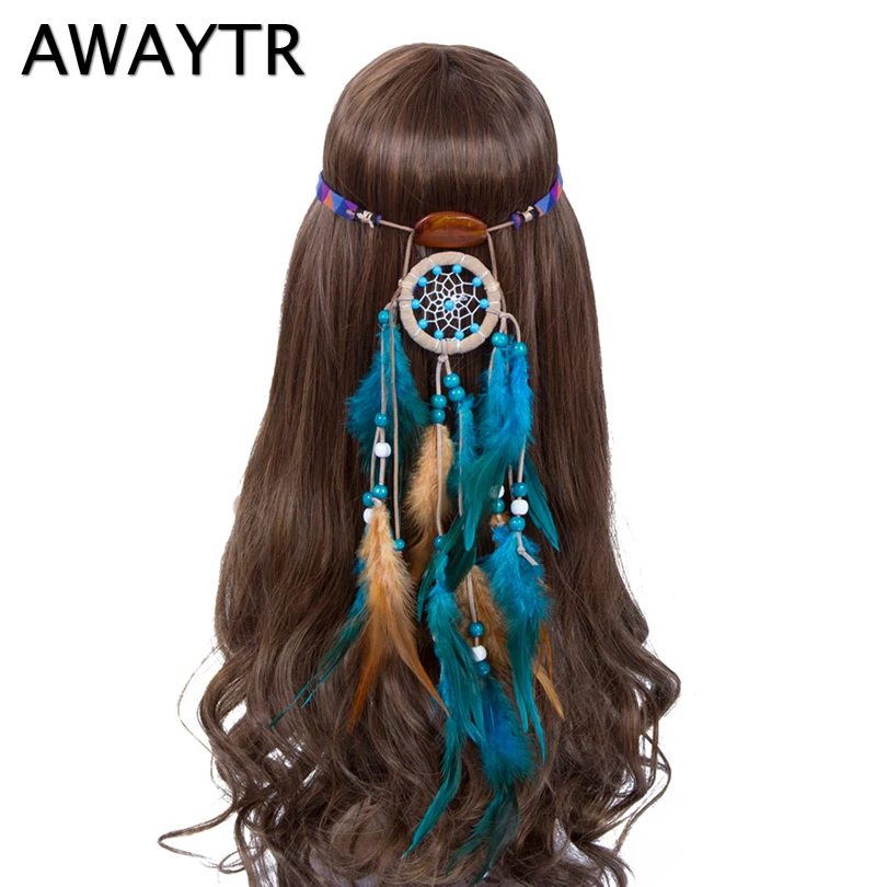 AWAYTR богемные головные уборы с перьями женские регулируемые повязки для волос праздничный головной убор Ловец снов каменные Аксессуары для волос