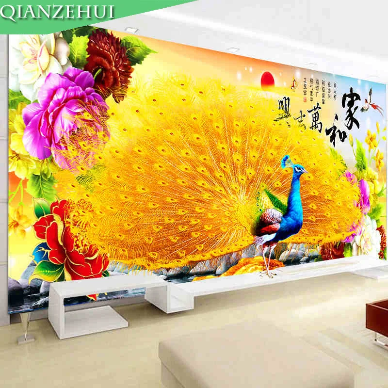 

QIANZEHUI,Diamond Embroidery,Round Diamond Peacock large blooming Full rhinestone 5D Diamond painting cross stitch,needlework