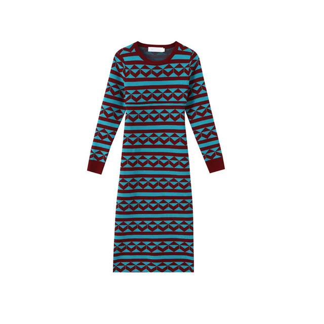 Maternity Dress Autumn And Winter Korean Lactation Sweater Self-cultivation Long Geometry Pattern Long Go Out Lactation Dress