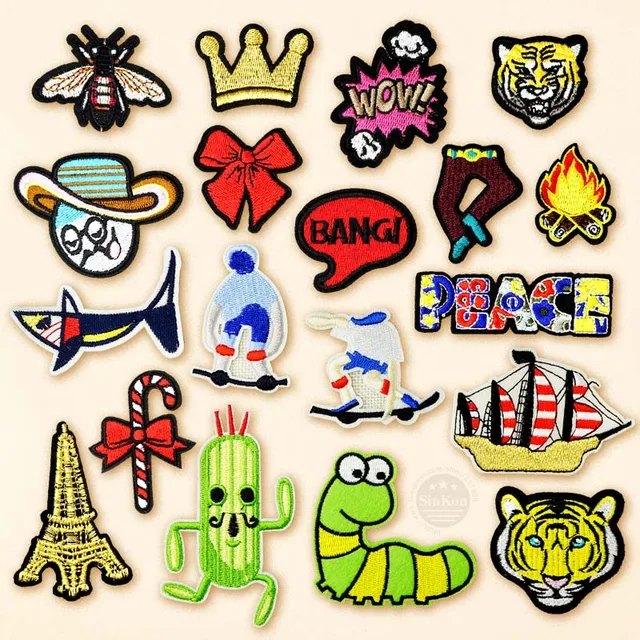 Tiger Worm Crown Tower BANG WOW Embroidered Patch Applique Cute Patches Fabric Badge Garment DIY Apparel Accessories Badges