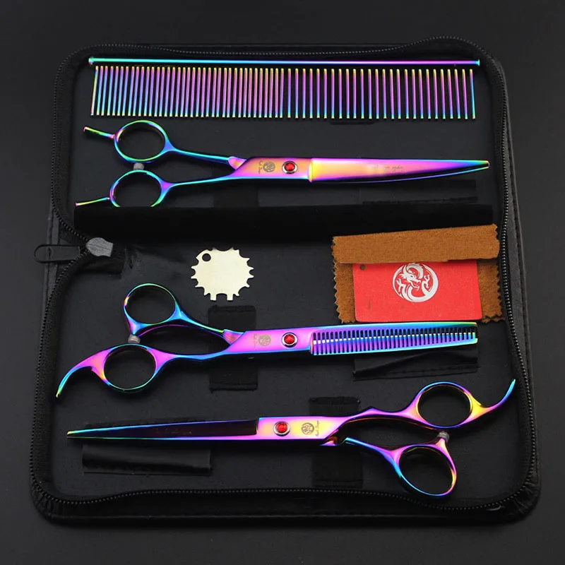 

7inch Rainbow Straight Curved Thinning Scissors Set with Case Comb Professional Pet Groomer Dog Cat Hair Clipper Shear Tool