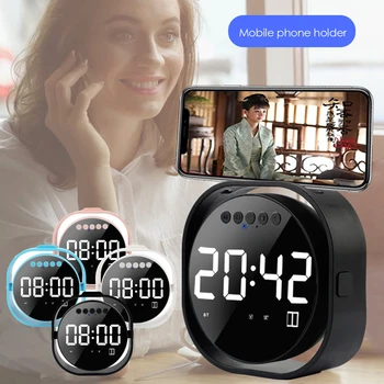 

XNCH Multi-Function LED Mirror Screen Clock USB Rechargeable Wireless Speaker FM Radio Adjustable Volume, Dual Alarm & Snooze