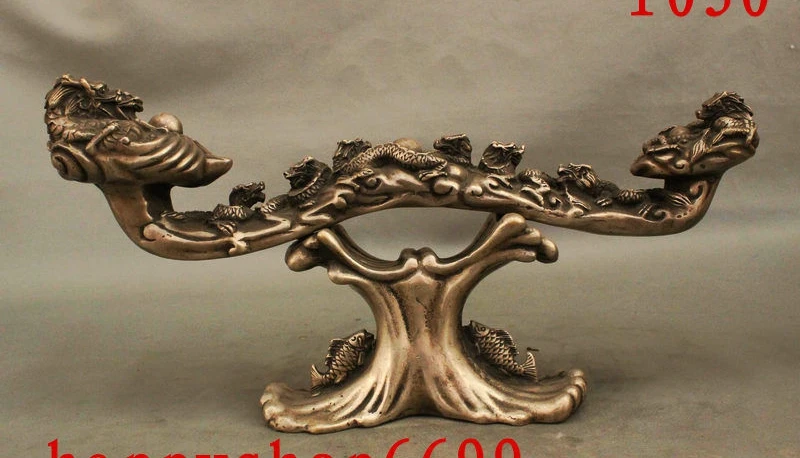 

14 Chinese FengShui Silver 2 Fish 9 Dragon JiXiang RuYi Ball Auspicious Statue