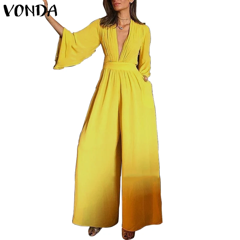 VONDA женский комбинезон 2019 повседневные широкие брюки сексуальные 3/4 с расклешенными рукавами с v-образным вырезом костюм для вечеринки OL