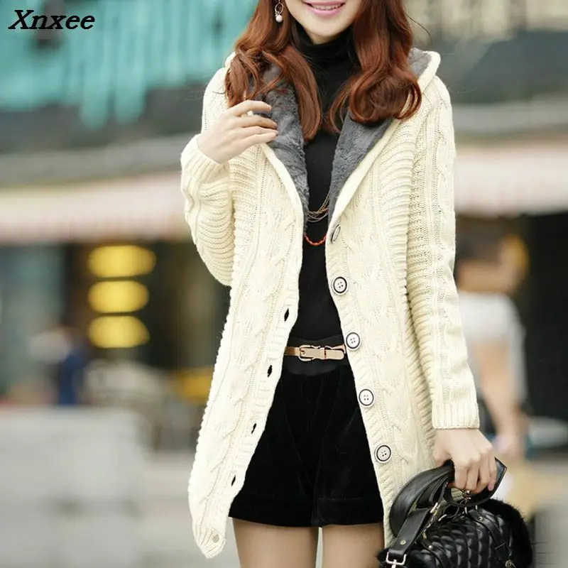 Winter Hooded Fleece Liner Cashmere Cardigan Knitted Sweater Coat Women Casual Thick Warm LongSleeve Knit Weave Long Jacket Tops
