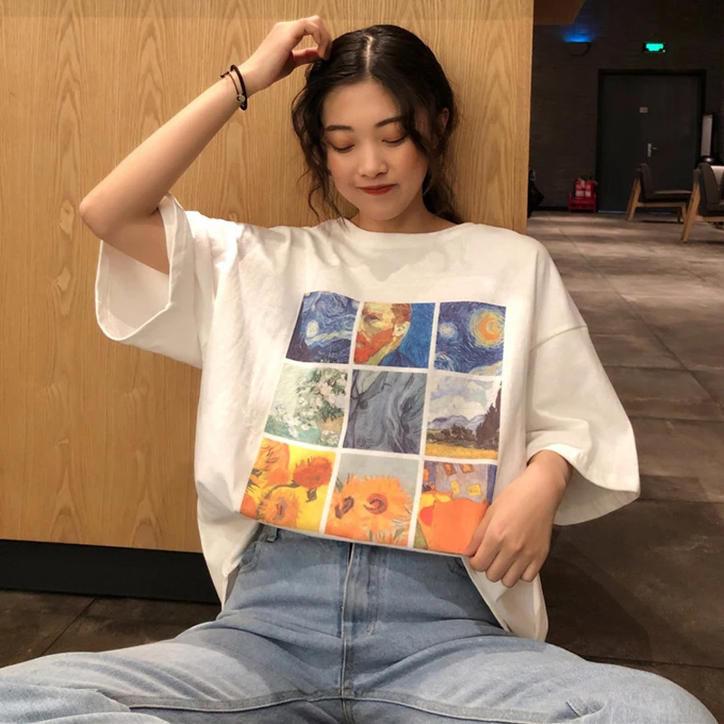 Лето 2019 футболка с принтом картинка маслом подсолнечник хлопковая Футболка для