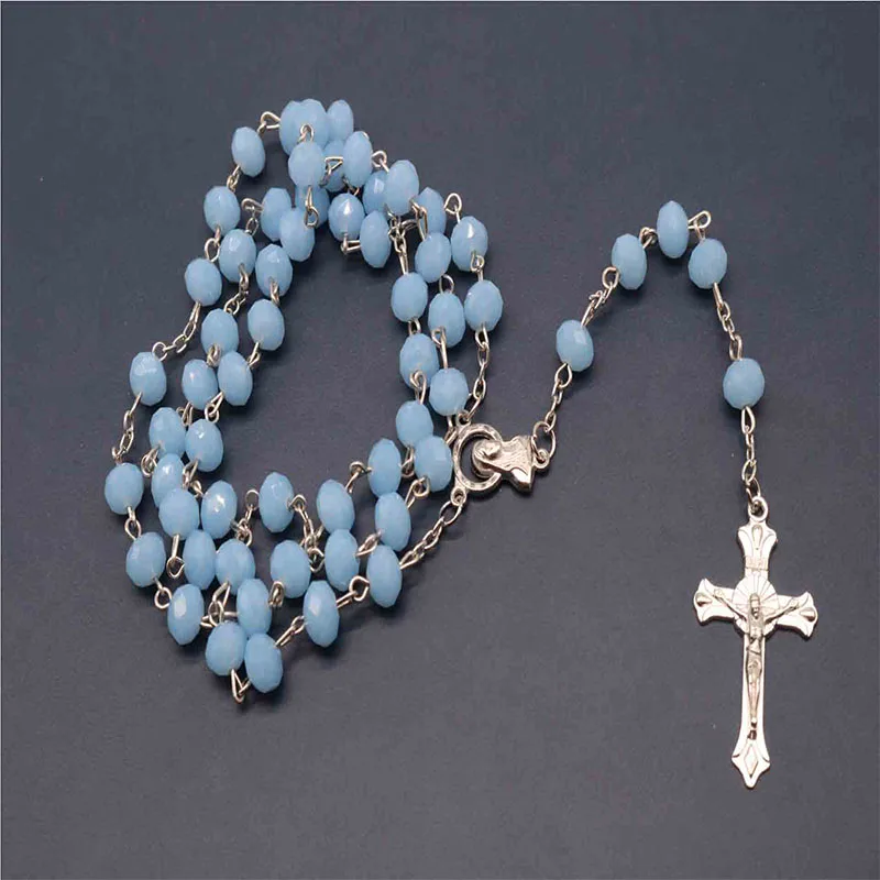 

Crystal 8mm fashion rosary ladies necklace diy Jesus Christian cross necklace and pendant long chain jewelry