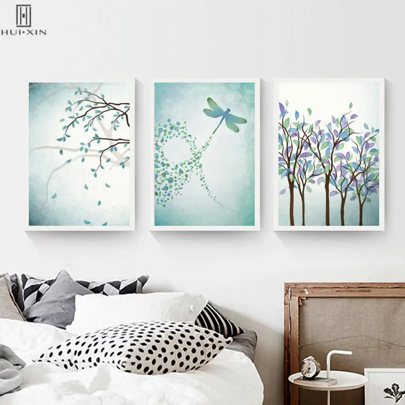 

Refreshing Landscape Wall Art White Blue Azure Dragonfly Tree Green Leaf Decorative Canvas Paintings For Home Room Decor