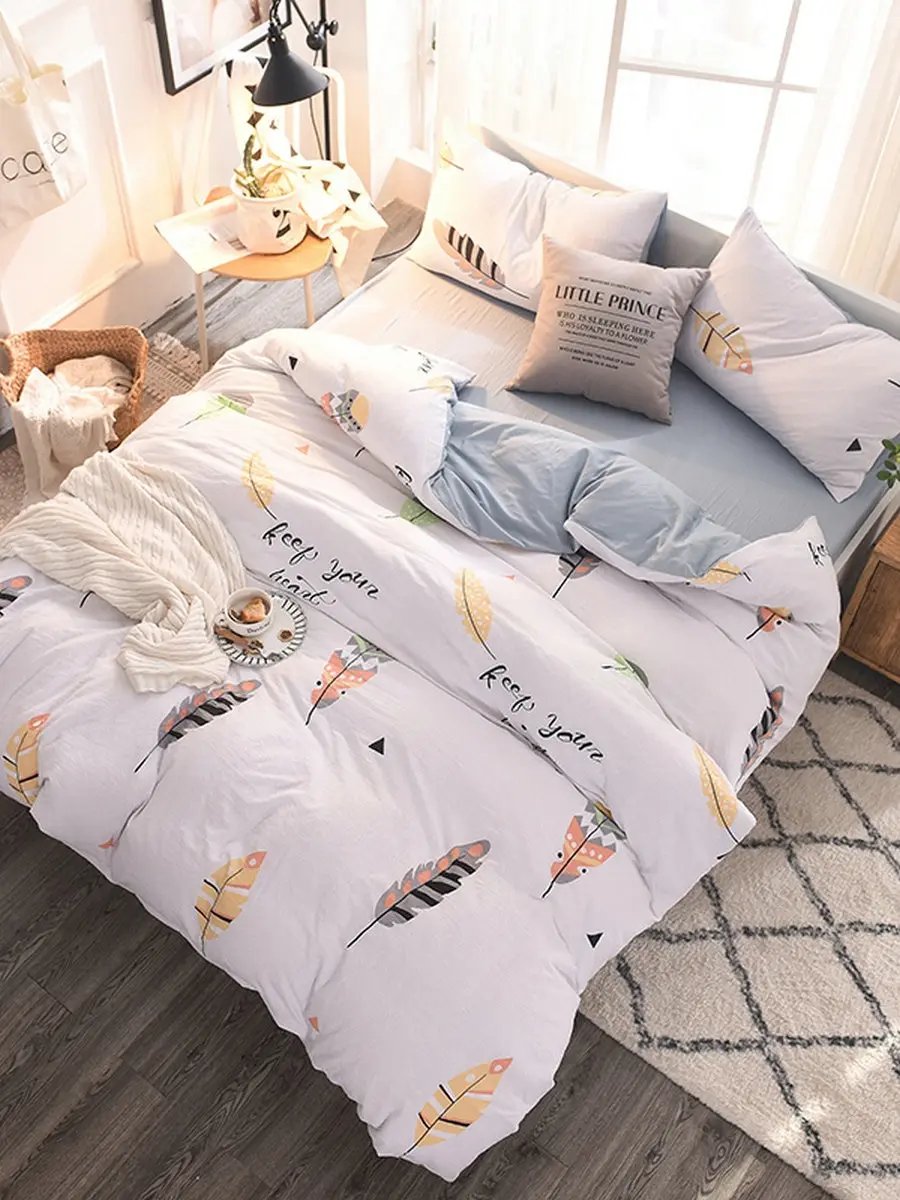 

3/4Pcs Home Bedding Set Feather Printed Comfy Bed Linens