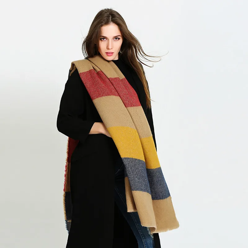 Warm Rainbow Wide Striped Pashmina Cotton Cashmere New Winter Beautiful