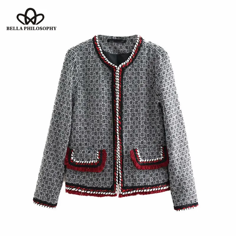 Wonder 2018 new autumn Vintage Frayed Trim Textured Weave Blazers Coat O Neck Long Sleeve Ladies Outerwear Casual Casaco Femme