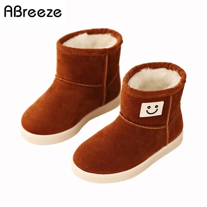 

New 15-22cm leg children's winter snow boots fashion little and big child thicken boots flat with smiley leather boots girls