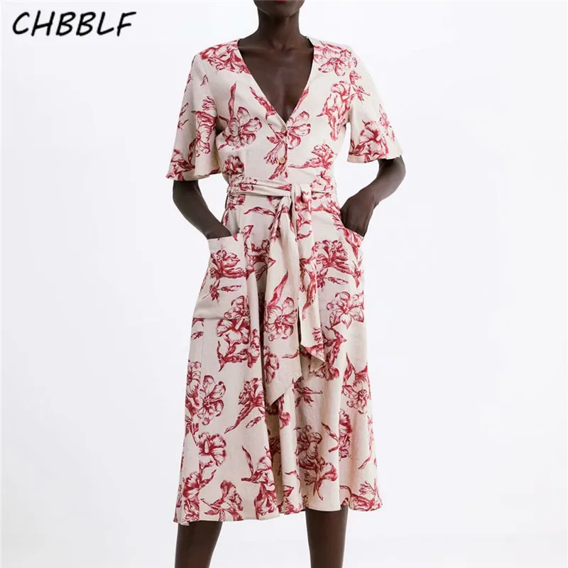 

CHBBLF women sweet floral print midi dress bow tie waist flare sleev female boho chic summer dresses XDN8778