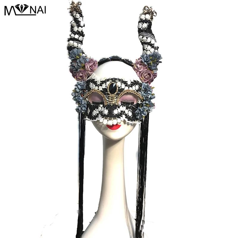 

Gothic Headband Floral Tassels Mask Headpieces Party Head Tiara Horn Headband Halloween Lolita Fancy Dress