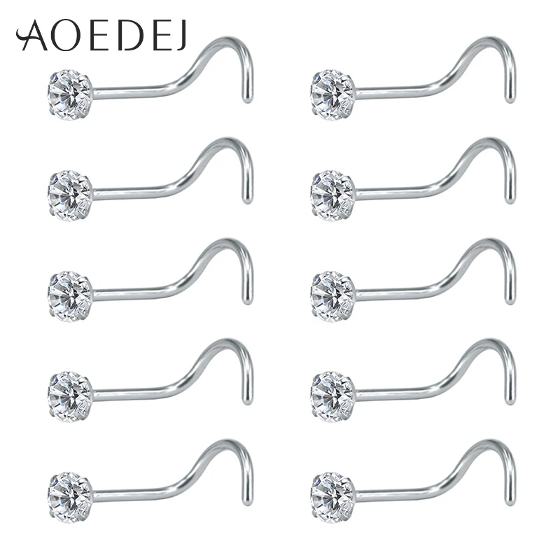 AOEDEJ 10 Pcs 1 Lot 20g Nose Rings& Studs Round Crystal Nose Rings Piercing Body Jewelry L-shape Nose Stud Cubic Zircon Nostril