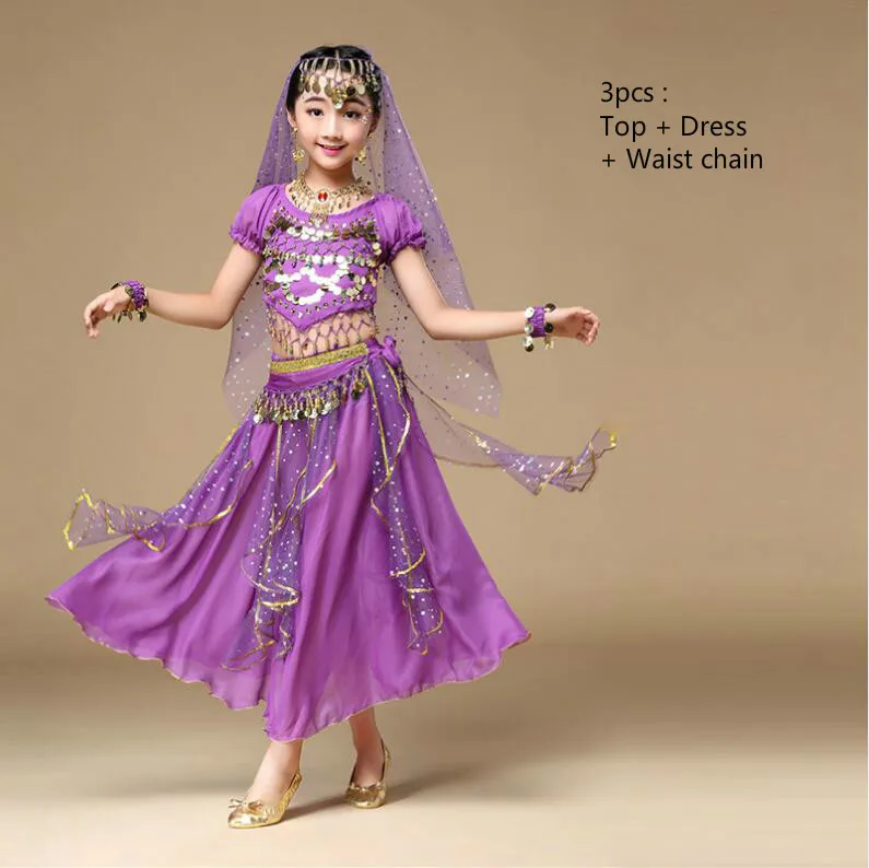 5 цветов, костюмы для танца живота, Детские Костюмы Болливуда для индийского представления, танцевальная одежда, детские костюмы для восточных танцев, комплект одежды для девочек - Цвет: 3pcs purple