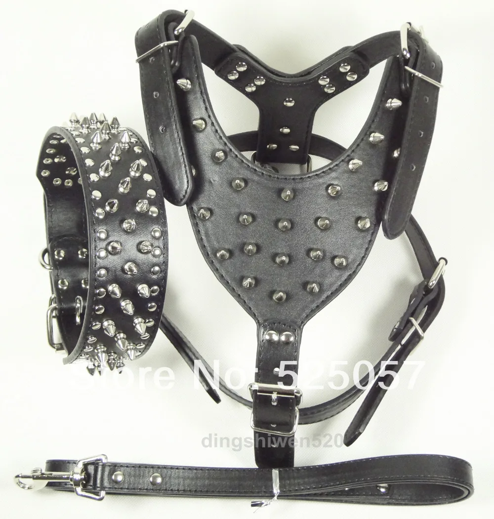 Leather Dog Harness Dog Collar Lead SET Spikes Studded PitBull Chest Size 26-34/"