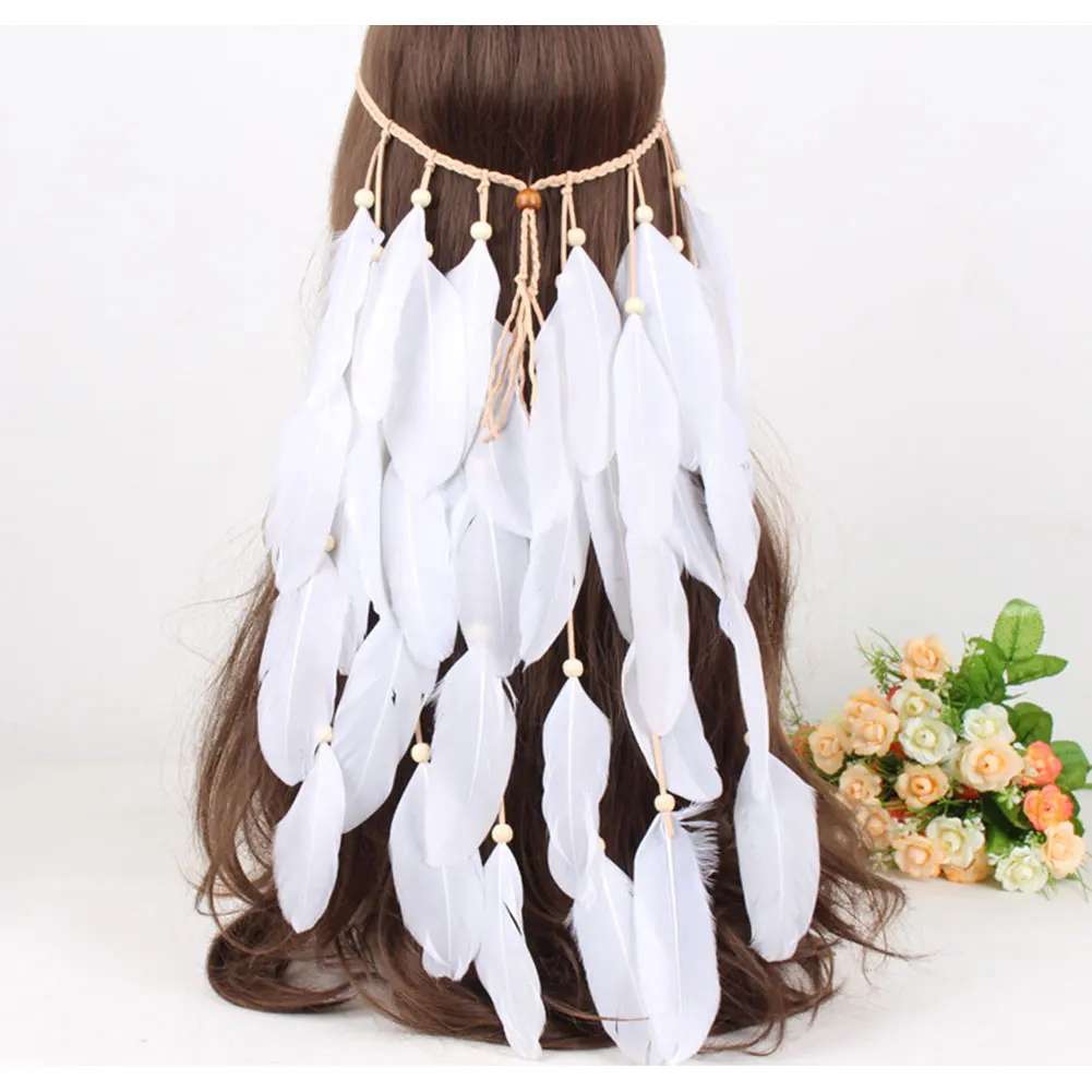 

White Feather Headdress Bohemian Bride Feather Hair Accessories Head Band for Women Wedding Halloween Party