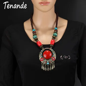 

Tenande Classic Ethnic Long Vintage Tassel Pendant Necklaces Bohemia Natural Stones Flower Statement Necklaces for Women Jewelry