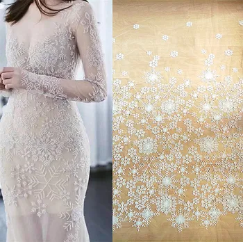 

2019 Latest top quality beading lace fabric Ivory color! 1 Yard Snowflake lace fabric beaded wedding lace fabric Nice!