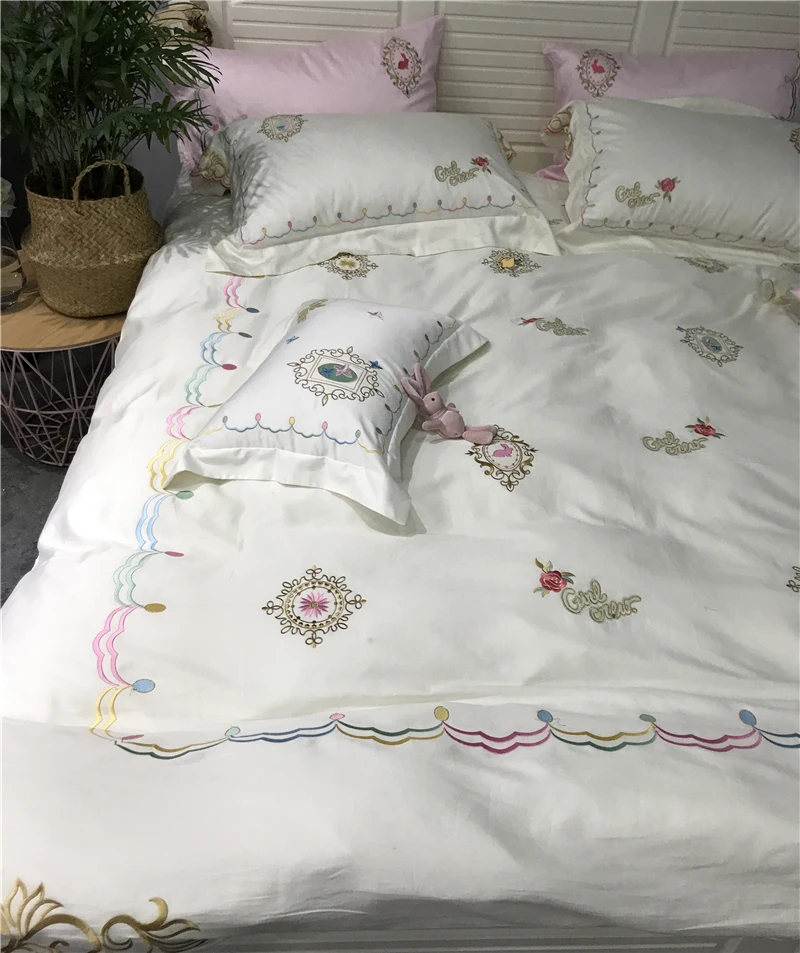 

4/6/7Pcs Egypt Cotton Rainbow rabbit luxury Bedding Set Embroidery Duvet cover set Bed Sheet Pillowcases Queen King Size